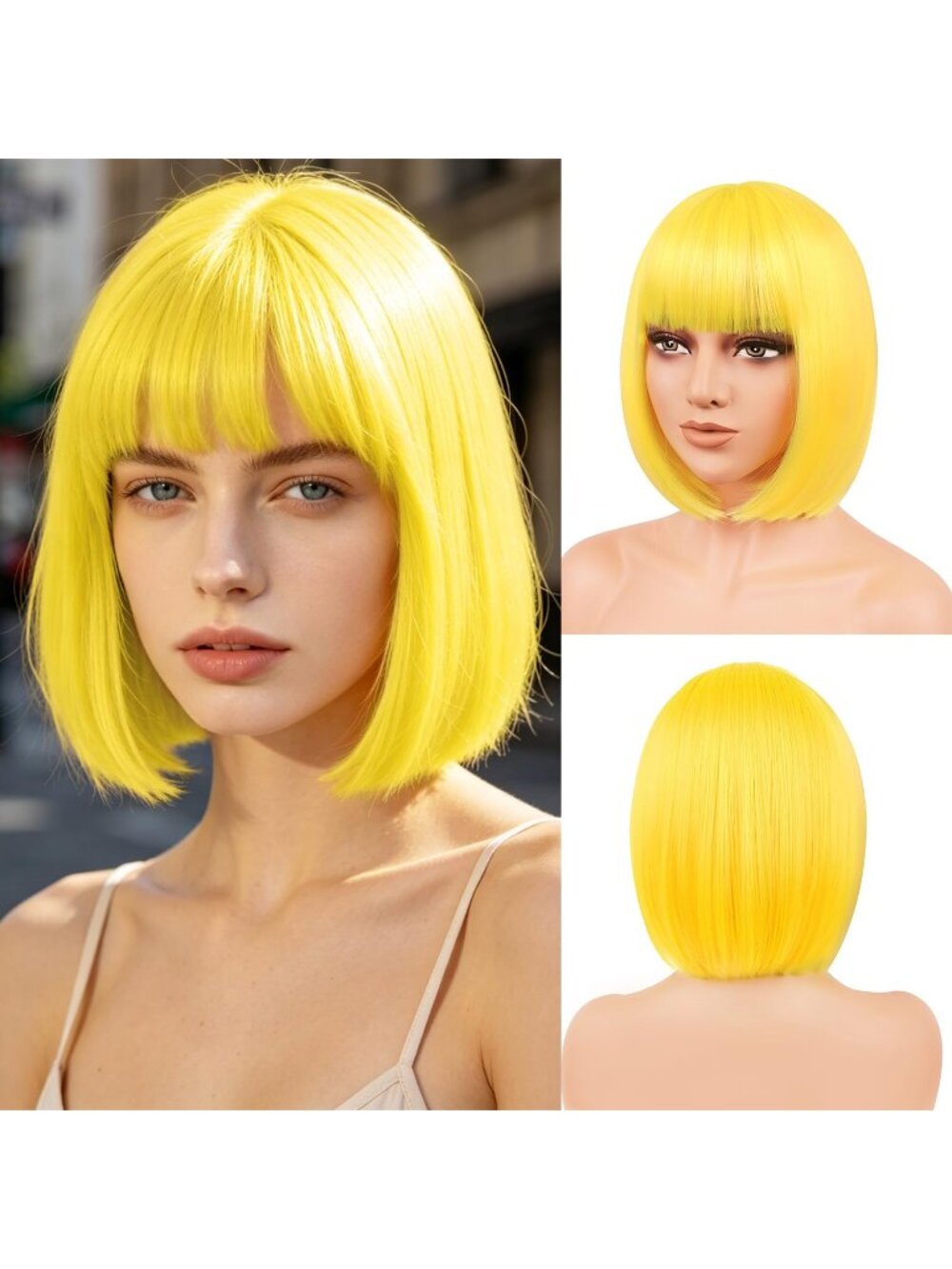 Women Yellow Heat Resistant Synthetic Bob Party Neon Wig Bangs 12 Inch